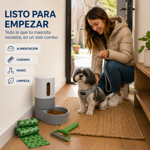 Combo Esencial para Mascotas 4 en 1 | Alimentación, Paseo y Cuidado