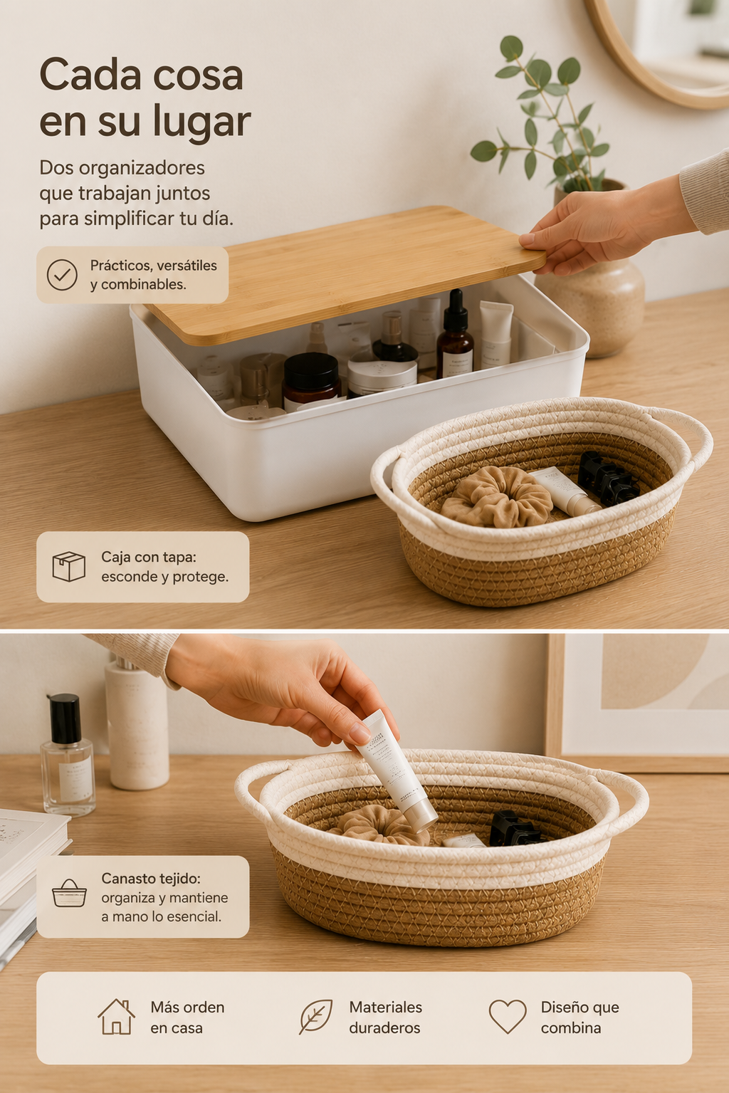 Combo Organizador Hogar | Caja con Tapa + Canasto Tejido | SimpleBuy