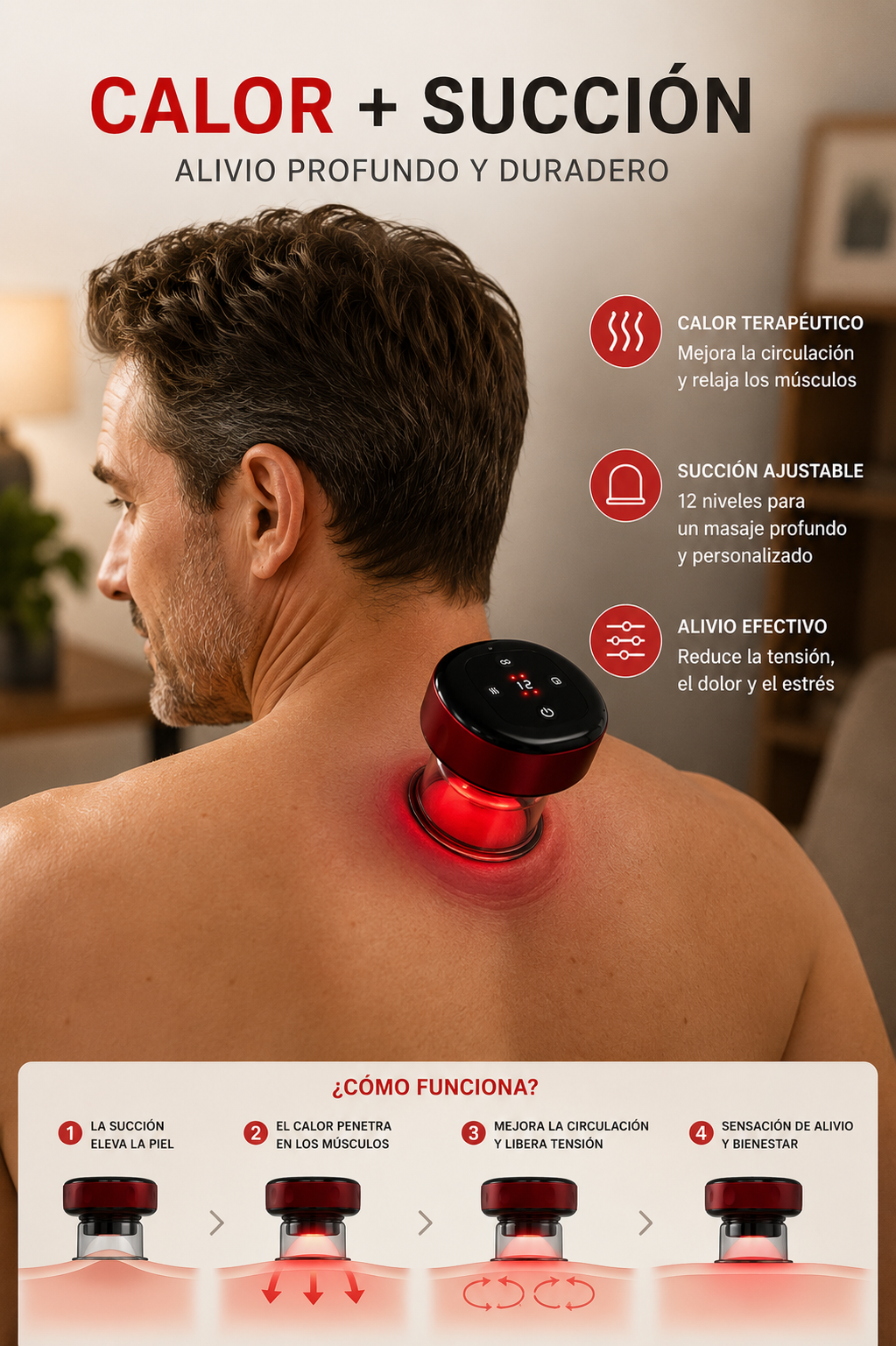 Ventosa Terapéutica Eléctrica 3 en 1 | Calor + Luz Roja + Masaje por Succión