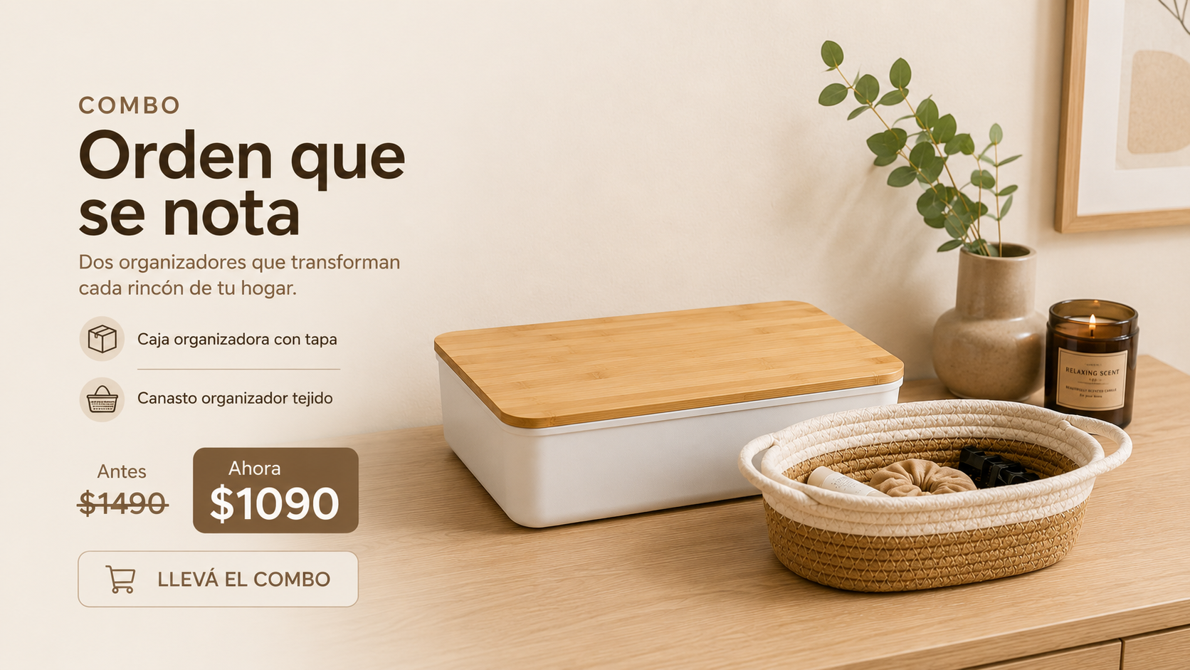 Combo Organizador Hogar | Caja con Tapa + Canasto Tejido | SimpleBuy