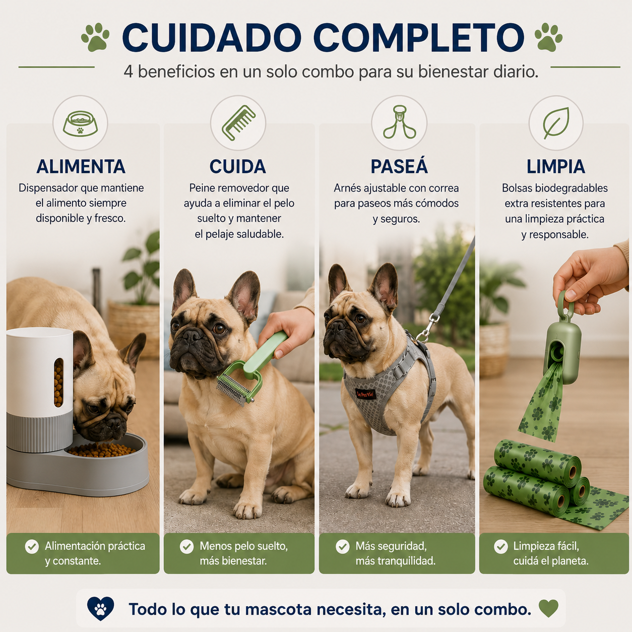 Combo Esencial para Mascotas 4 en 1 | Alimentación, Paseo y Cuidado